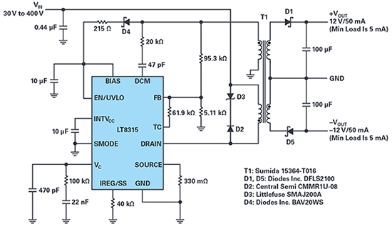 Figure 1. A complete ±12V/50mA isolated flyback converter for a wide input range, 30V to 400V