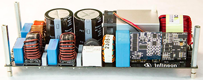 The Infineon CoolGaN 2,500W full-bridge totem-pole PFC AC/DC converter  demonstration board (Source: Infineon)