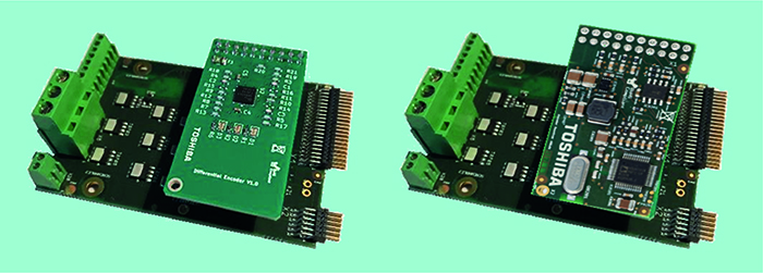 The Differential Encoder (left) and Resolver Encoder (right) fit to the Power Boards and simplify the  integration of such sensors with the  Servo Drive RM platform