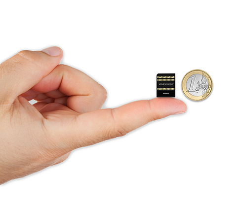 At just 18x14mm, the XFMEXPRESS card form factor can just be hidden behind a €1 coin