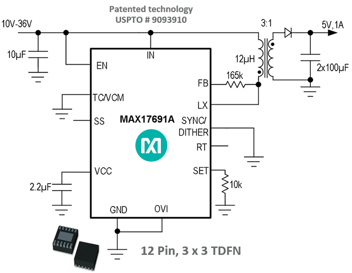 No-opto flyback circuit achieving new output voltage regulation benchmark. below: Figure 10. Highly integrated no-opto flyback solution Opposite: Figure 11. MAX17690/91 output voltage regulation. A new benchmark