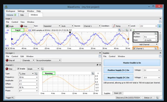 Figure 3 - An example of the Waveforms application running with an oscilloscope, waveform generator, and power supply functions running (source Digilent)