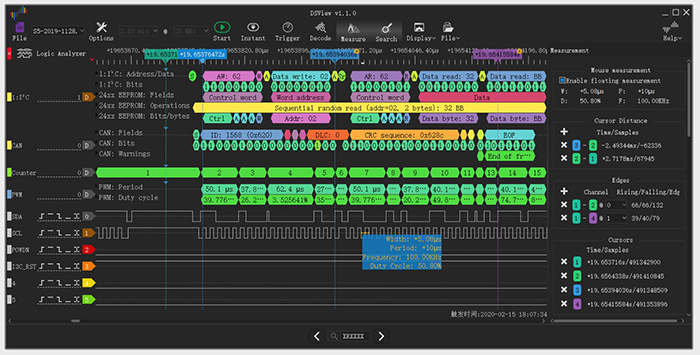 Figure 6 - An example of the DPLogic U3Pro16 logic analyser in operation using the DSLogic View application. (source DreamSourceLab)
